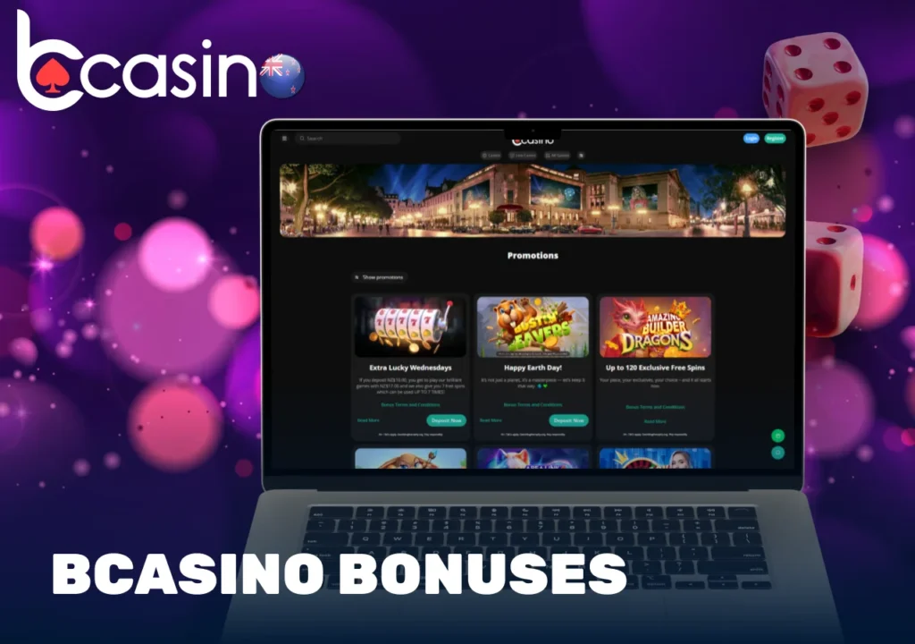 BCasino bonuses page displayed on laptop with promotion offers