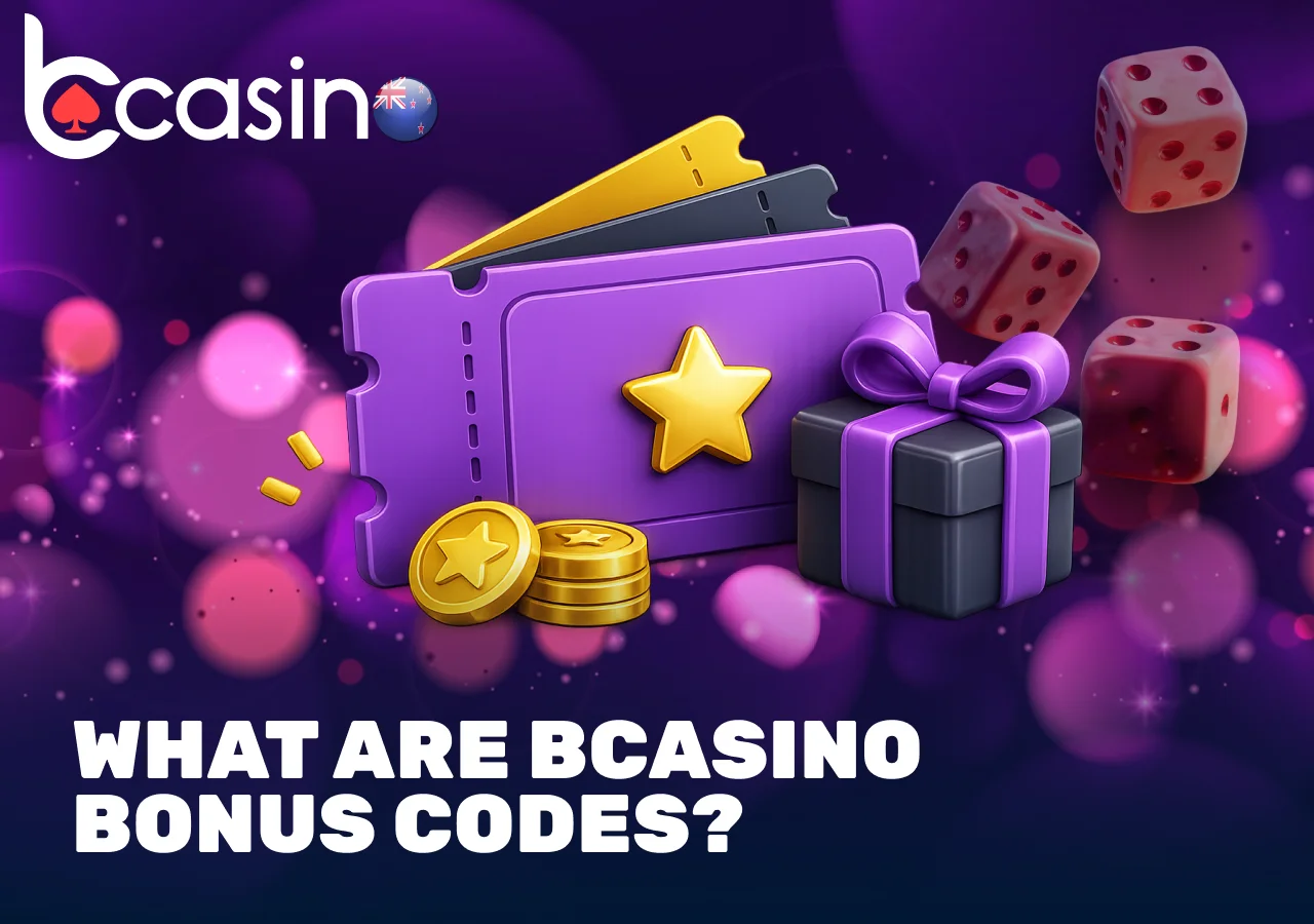 Illustration of BCasino bonus codes with tickets coins and gift box